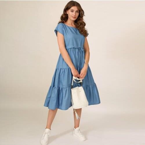 Women Vintage Sashes Ruffled A-line Party Dress Short Sleeve O neck Solid Elegant Casual Mid Dress 2021 Summer New Fsahion Dress