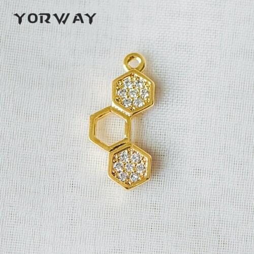 10pcs/Lot Micro Pave Gold Hexagon Charm Connectors 17x8mm, Cubic Zirconia Paved Geometric Pendants (GB-293)