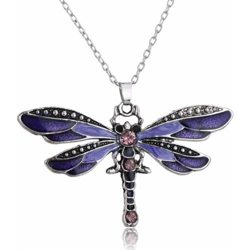 24PC/Lot Chic Bohemia Enamel Crystal Purple Dragonfly Pendant Necklace Animals Women Friends Charm Jewelry Boho Collar Collier