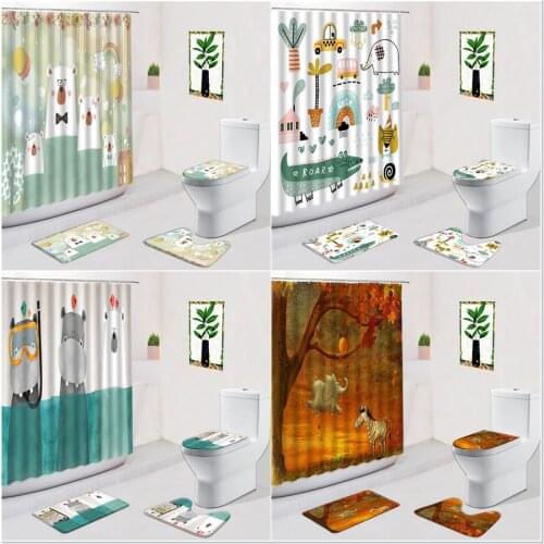 4Pcs Cartoon Animal Shower Curtain Cute Bear Rainbow Wood Grain Elephant Pattern Anti-Slip Carpet Bath Mat Toilet Bathroom Rug