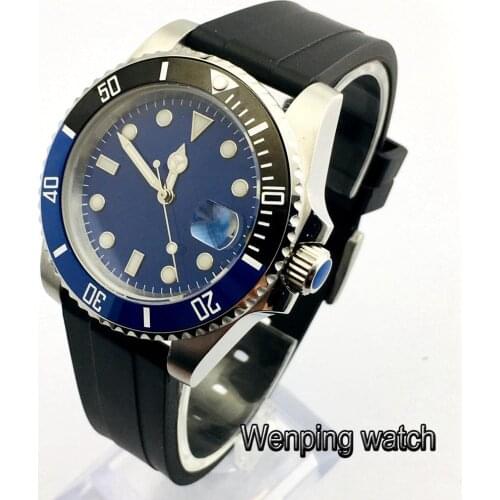 40mm sapphire glass ceramic bezel blue sterile dial date window automatic rubber strap mens top business watch