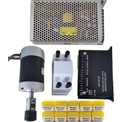 48V 200W/0.2KW /ER16 Brushless DC Spindle Motor + 55MM Clamp with Screws + Motor Driver + 48V DC Power Supply