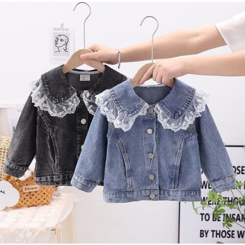 Spring Autumn 2021 Lace Turn-down Collar Girls Denim Jackets Baby Kids Casual Jacket Coat New Fashon Children Short Cute Coat