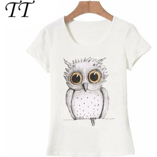 A pencil drawing of a cute owl with big orange eyes print T-Shirt summer fashion Women t-shirt casual Tops cute female Tee