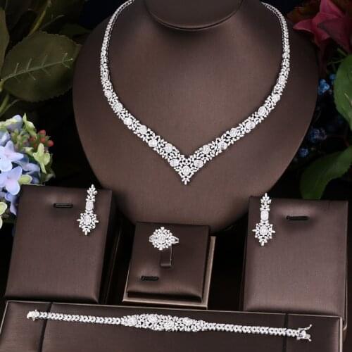 Janekelly 4pcs Bridal Zirconia Full Jewelry Sets For Women Party, Luxury Dubai Nigeria CZ Crystal Wedding necklace sets