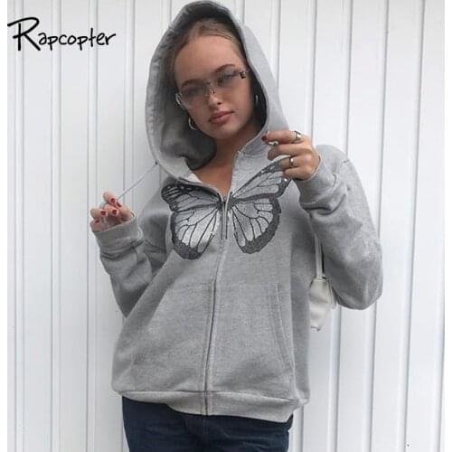 Rapcopter Butterfly Coat Zipper Jackets Hooded Long Sleeve Outfits Women Streetwear Y2K Retro Outerwear Gray Pockets Coat Fall