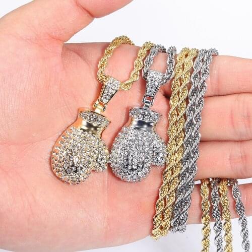 Fashion Boxing Gloves Pendant Necklace 24"Long Chain Gold Color Iced Cubic Zircon Alloy Necklace Pendant For Unisex Hip Hop Gift