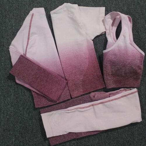 4PCS Yoga Set Ombre Seamless Leggings Sport Bra Long Sleeve+Short Sleeve Crop Top Women Running Gym Clothing Fitness Sports Suit