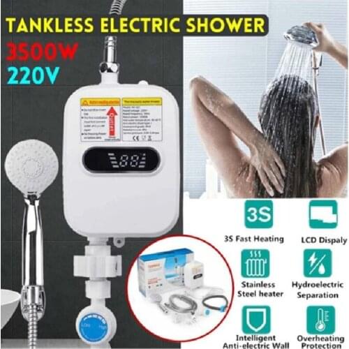 3500W 220V Water Heater Bathroom Kitchen Wall Mounted Instant Electric Hot Water Heater Temperature LCD Display W/ Faucet Shower