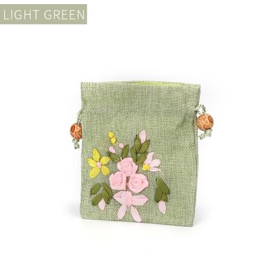 New Light Green Burlap Embroidered Jewelry Display Storage Bags Women Earring Pendent Bracelet Ring For Gift Showcase Organizers