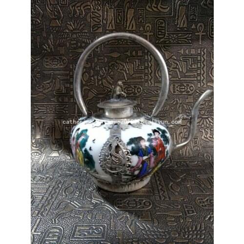 Very rare Qing Dynasty silver &procelain teapot,beauty,with mark,Free shipping