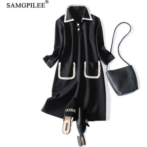 Dress Women 2021 Casual A-line Solid Three Quarter Sleeve Autumn Dresses Woman Appliques Turn-down Collar Women Clothing 4XL