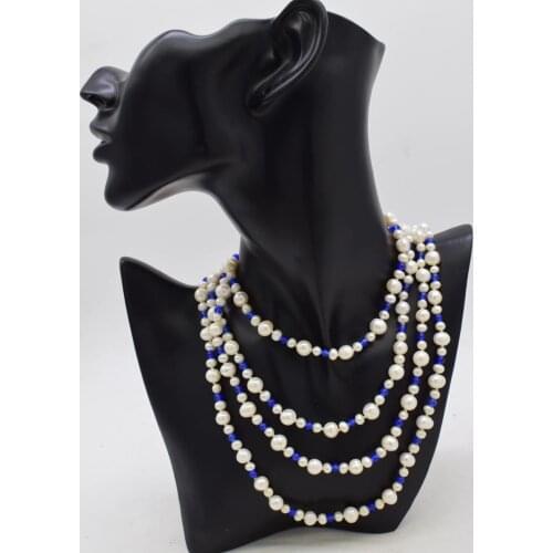 Freshwater pearl white near round 8-9MM &BLUE JADE long necklace 60inch wholesale beads nature FPPJ woman 2018