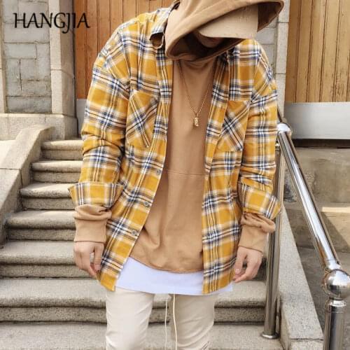 Justin Bieber Oversize Tartan Shirts Mens Vintage Hip Hop Yellow Plaid Shirt Urban Streetwear Irregular Hem Long Sleeve Clothing