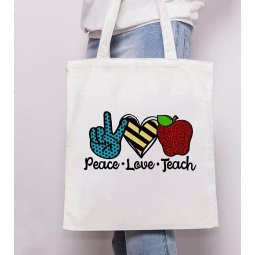 Peace Love Teach Apple Print Teacher Tote Bag Shopping Canvas Reusable Bag Book Bag Shopper Women Fashion Shoulder Casual Bags