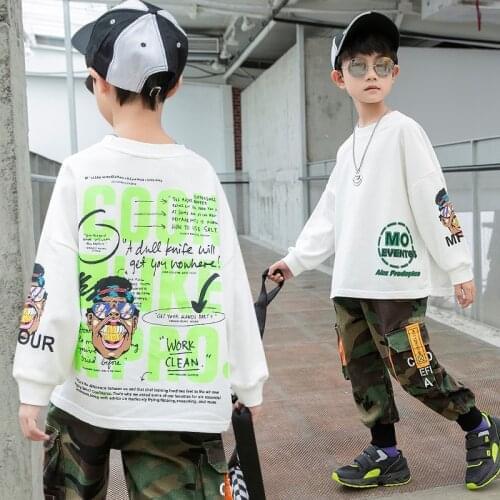 Boys Clothes Cartoon Print Sweatshirts 3 to 13 Yrs Cotton White Black Sweater Spring Autumn Childrens Pullovers Son Letter Tops