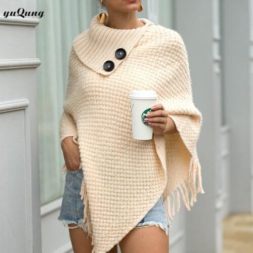 Yuqung Women Autumn Tassel Knitted Turn Down Collar Poncho Coat Pullover Loose Irregular Cape Cloak Overcoat Top Sweater