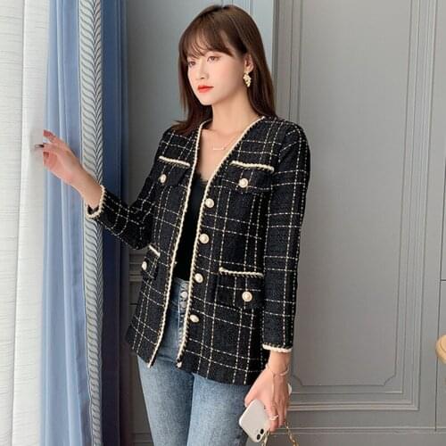2021 Autumn Women Elegant Slim Long Sleeve Plaid jacket Coat Female Vintage Formal Tweed Coats Black Female Outerwear Chic Tops