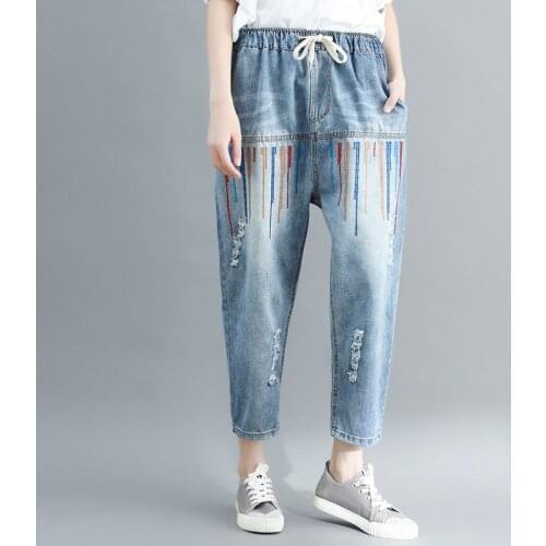 2019 Summer Women Jeans Hole Embroidered Stretch Jeans Casual Elastic High Waist Harem Pants Vintage Loose Cowboy Pants R511