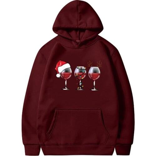 Women Graphic Autumn Winter Aesthetic Long Sleeve Pullovers Hooded Sweatshirt Three Glasses of Red Wine Print Christmas Hoodies