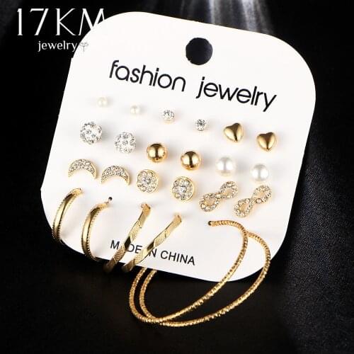 17KM Fashion Female Earrings Set For Women Mixed Rhinestone Crystal Simulated Pearl Big Circle Earrings Brincos Party Jewelry
