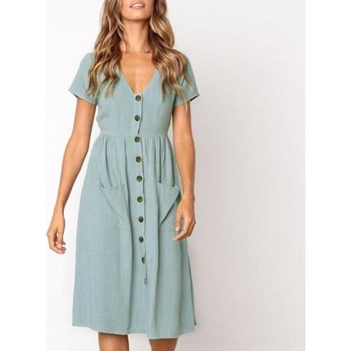 Women Summer Dress 2021 Fashion Vintage Casual Sundress V-neck Buttons Pocket Party Slim A-line Midi Dresses Beachwear Vestidos