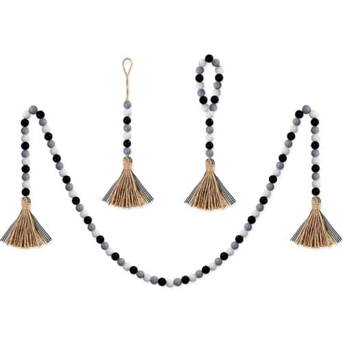 3 Pack Wood Bead Garland with Tassel,Rustic Wooden Bead Decor Farmhouse Beads Big Wall Hanging Decor (Black/Gray/White)