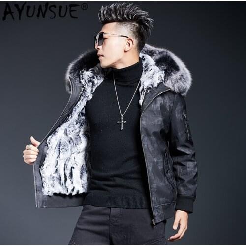 AYUNSUE Mens Parka Real Fur Coat Natural Rex Rabbit Fur Liner Short Winter Jacket Fox Fur Collar Parkas Hombre 2020 19880 KJ3452