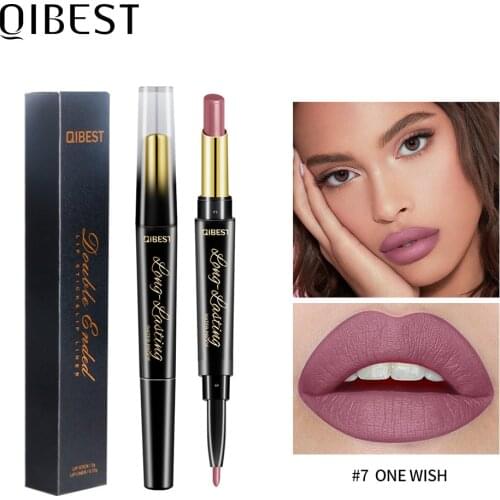 QIBEST 2 in 1 Velvet Matte Lipsticks Pencil Waterproof Lip Liner Contour Sexy Red Lip Tint Long Lasting Lip Pencil Lips Makeup