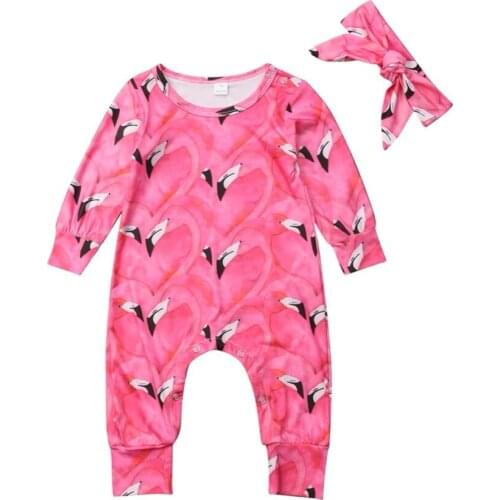 Newborn Kid Baby Girk Flamingo Pink Romper++Headband Jumpsuit Bebe Outfit Clothes