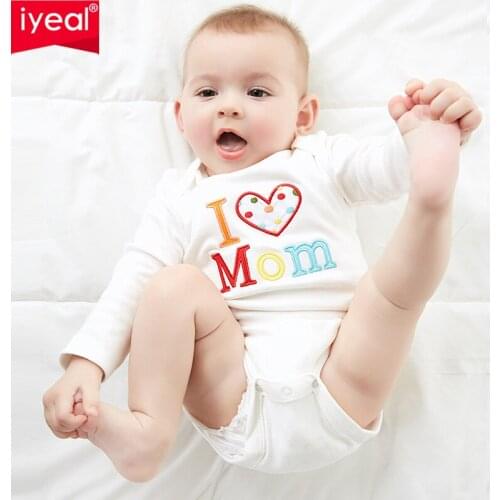 IYEAL Unisex Newborn Baby Clothes 2 -Pack 100% Cotton Long-Sleeve Bodysuits Embroidered I Love Mom Dad Infant Pajamas Jumpsuit