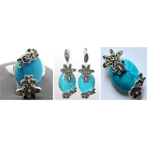 Free Shipping Vintage Blue Turquoise 925 Sterling Silver Marcasite Ring (#7-10) pendant and earrings sets