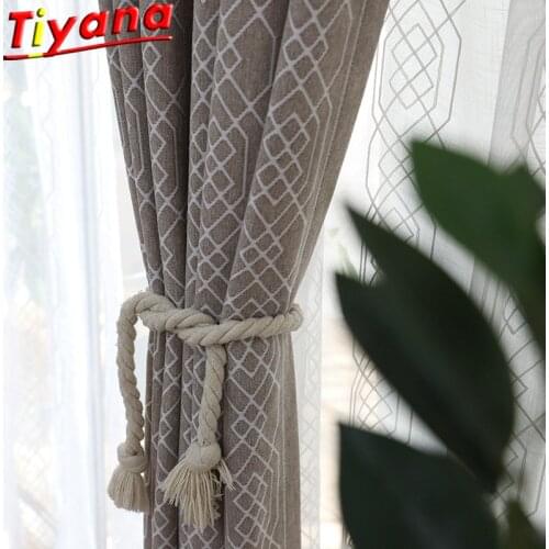 Brown Geometric Blackout Window Drapes Panel White Mesh Yarn Nordic Modern Chenille Jacquard Curtains for Living Room W-HM156#30