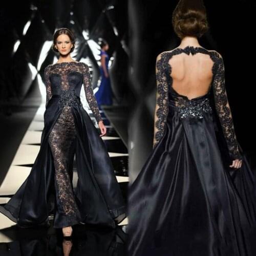 Lace Mermaid Evening Gown Sexy Backless Boat Neck Beading Crystal Long Sleeves Luxurious Black Wedding Party Dress