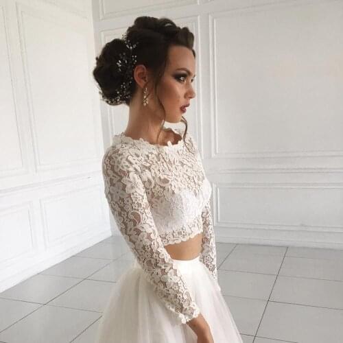 Long Sleeves Lace Modest Wedding Dresses Bridal Gowns Two Piece Formal 2020 Bohemia Vestidos De Mariee Customized
