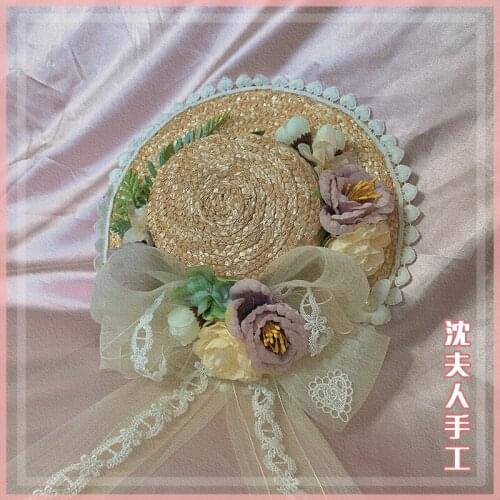Mori Girl French Pastoral style Straw Hat Tea Party Vintage Flower Lace Bowknot lolita Cos Wide brim Small Top hat Headwear Prop
