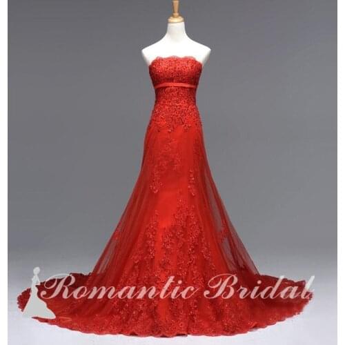 New Arrival Sweetheart Gown A-Line Custom Made Lace Beading Appliques Lace Up Real Pictures Red Wedding Dresses RW0017