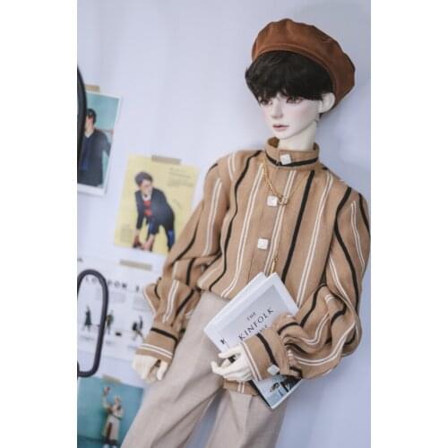 BJD doll clothes is suitable for 1/3 1/4 MSD size mocha stripe stand neck lantern sleeve shirt chiffon doll accessories