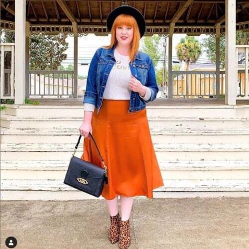 Plus Size Orange Satin Skirts Saia Mujer Faldas Casual Mid- Calf Office Lady Clothes Women Party Formal Wear Custom Made