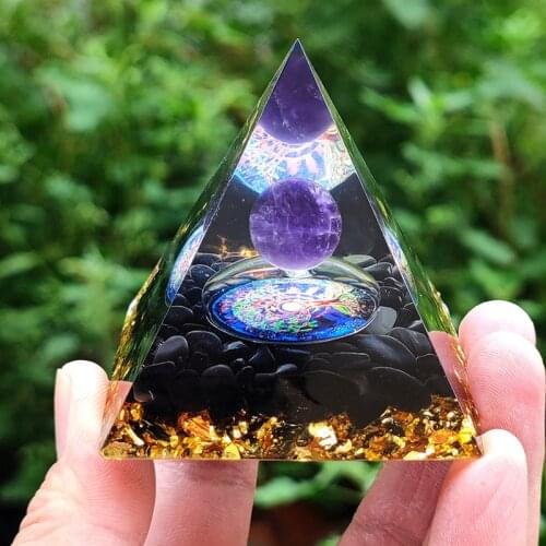 Orgonite Pyramid 60mm Amethyst Crystal Sphere Obsidian Natural Crystal Stone Orgone Energy Healing Reiki Chakra Multiplier