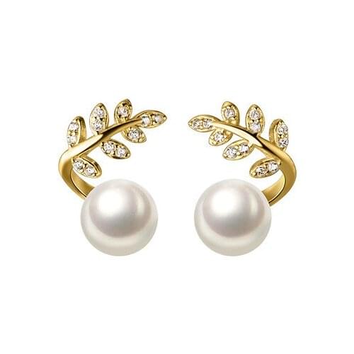 18k gold Authentic real. 925 Sterling Silver fine Jewelry Freshwater Pearl &Olive Branch of Leaf cz set Stud Earrings C-G9363