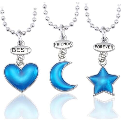 3 Piece Set Of Best Friend Necklace For Women Fashion Blue Zinc Alloy Moon Star Pendant Necklace Bff Friendship Jewelry Gift