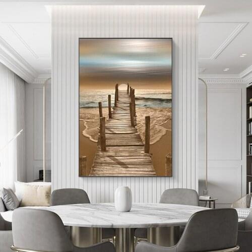 Landscape Poster Wooden Bridge Beach Sea Hall Sofa Bedroom Decoration Painting Background Wall Canvas Painting with Sea Posters