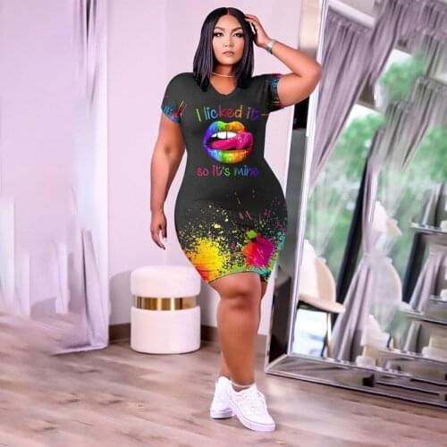 TNNAOFF Plus Size Splash Ink Lips Print Dress for Women Birthday Outfits Summer Trendy Short Sleeve Streetwear Oversized Dresses