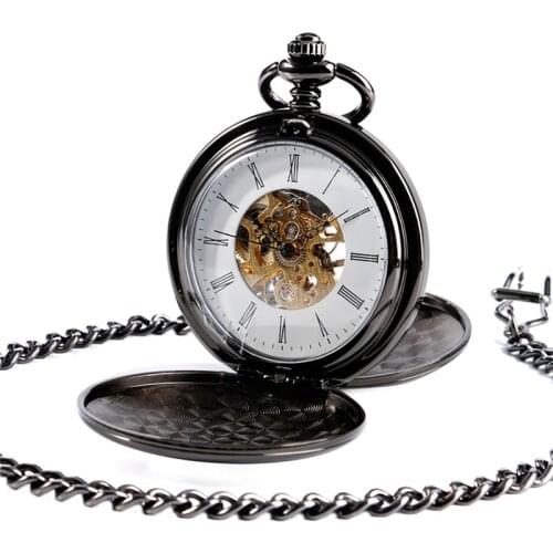 Antique Full Black Smooth Case Unisex Pocket Watch Skeleton Handwind Mechanical Clock Double Hunter Pendant Chain Roman Number