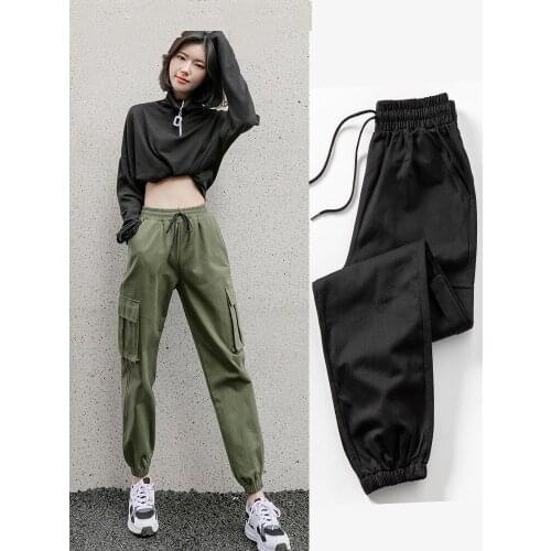 Casual Women Cargo Pants Multi-Pocket Pants Elastic Waist Cotton Overalls Hip Hop Jogger Sport Streetwear Harem Pant Slim