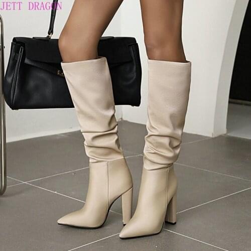 2021 New Autumn Winter Big Size Women Boots Fashion Slip on Pleated Knee High Boots Ladies Square High Heel Long Boots 34-43