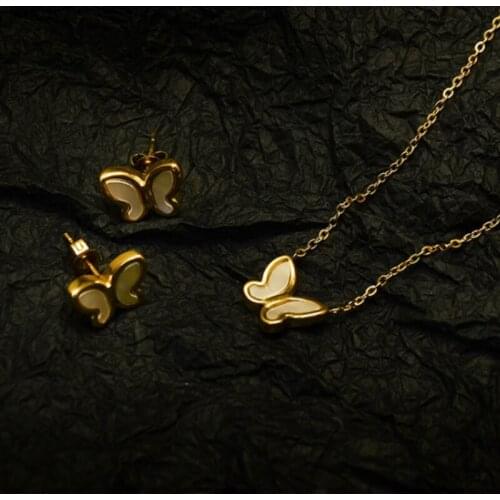 Stylish White Shell Double Butterfly Gold Color / Silver Color Stainless Steel Drop Earrings