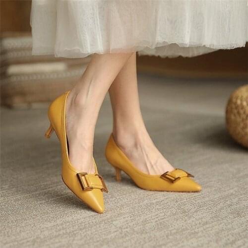 5cm Ol Office Lady Shoes Pointed Toe Pumps Women Dress Shoes Yellow High Heels Thin Heeled Ladies Shoes Zapatos Mujer
