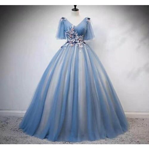 Vintage Long Lace Blue Evening Dresses Tiered Floor Length Lace Up Back V-Neck Tulle Formal Party Dress for Women